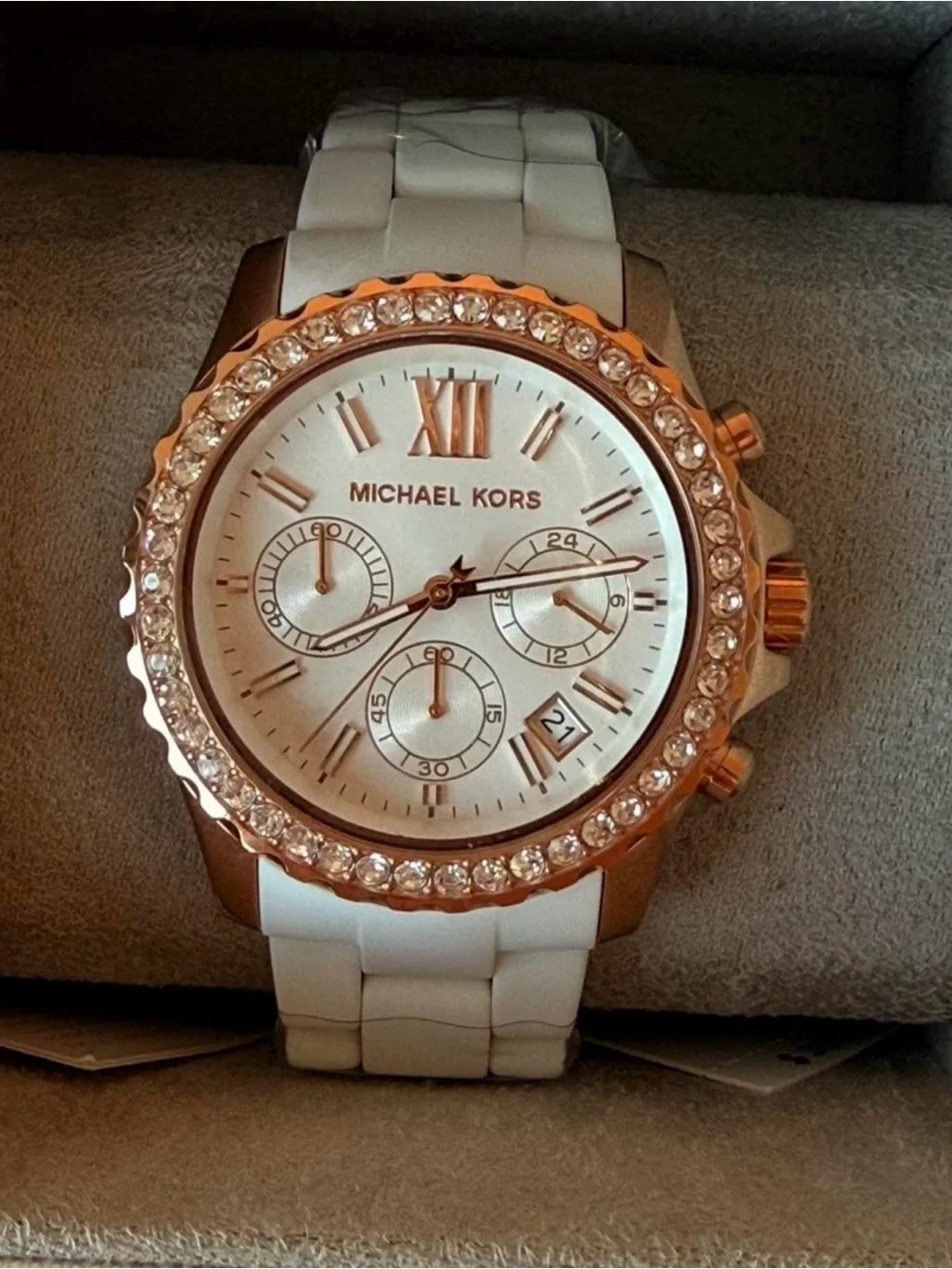 Michael Kors White and Rose Gold Crystal-Accent Chronograph Watch